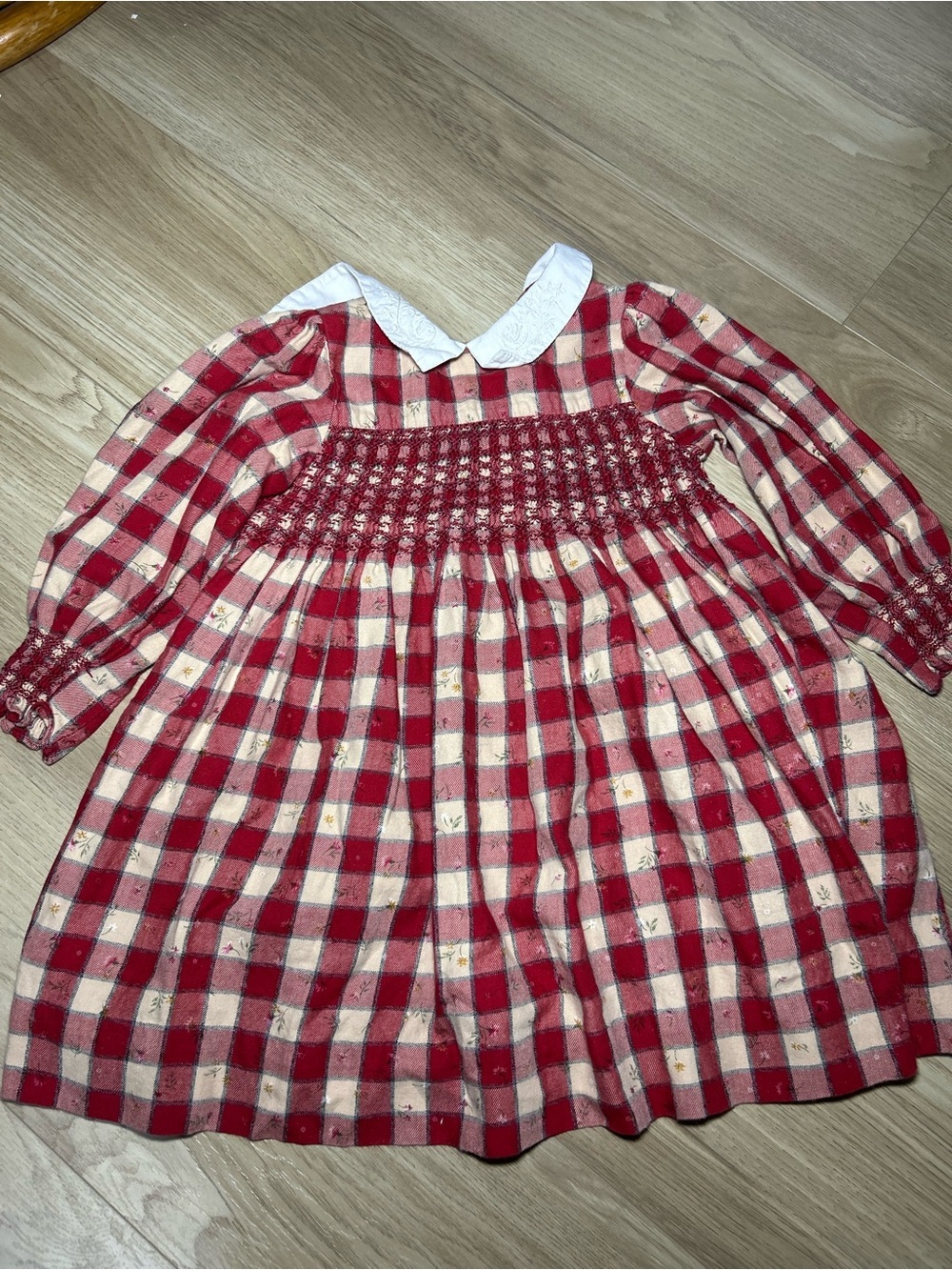 Ralph Lauren Red and Cream Plaid Smocked Dress with Embroidered White Collar